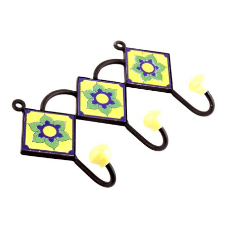 Yellow Navy Blue Floral Tiles Hooks